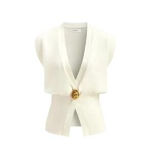 Commense Cream Sleeveless Wrap Top L with Gold Button Waist Detail